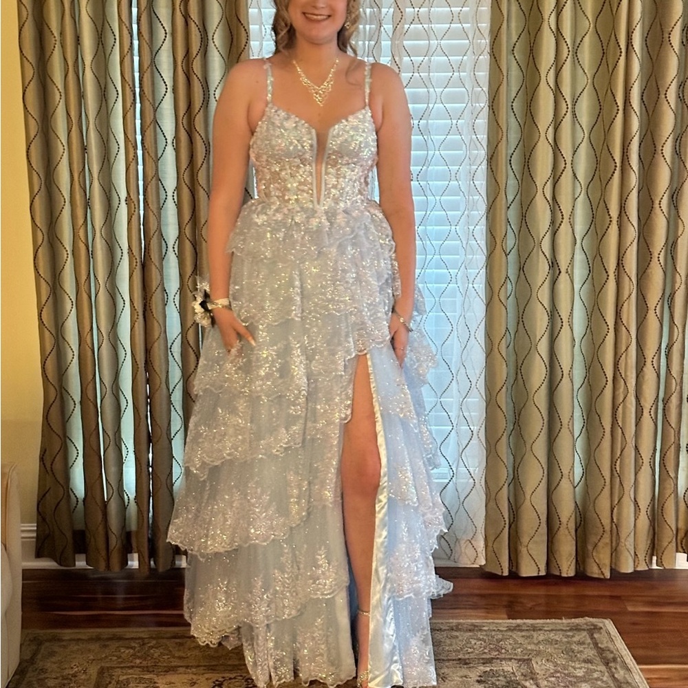 Silver and Cream Embellished Tiered Gown with Sweetheart Neckline